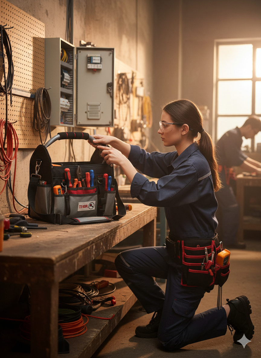 12 Inch Heavy Duty Tool Bag – Open Top Electrician Tool Bag with 13 Exterior Pockets, Steel Handle, Removable Shoulder Strap & Divider System