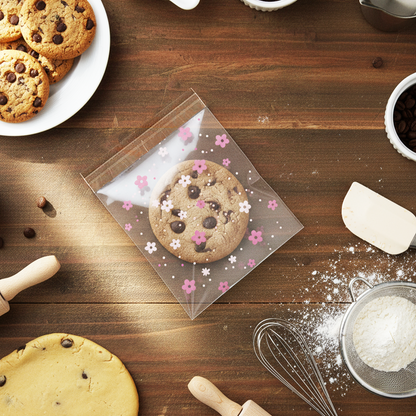 100pcs of 10cm x 10cm Printed Transparent Resealable Cellophane Bags – Self-Sealing Cookie Gift Bags for Candy, Party Favors & Bakery Packaging