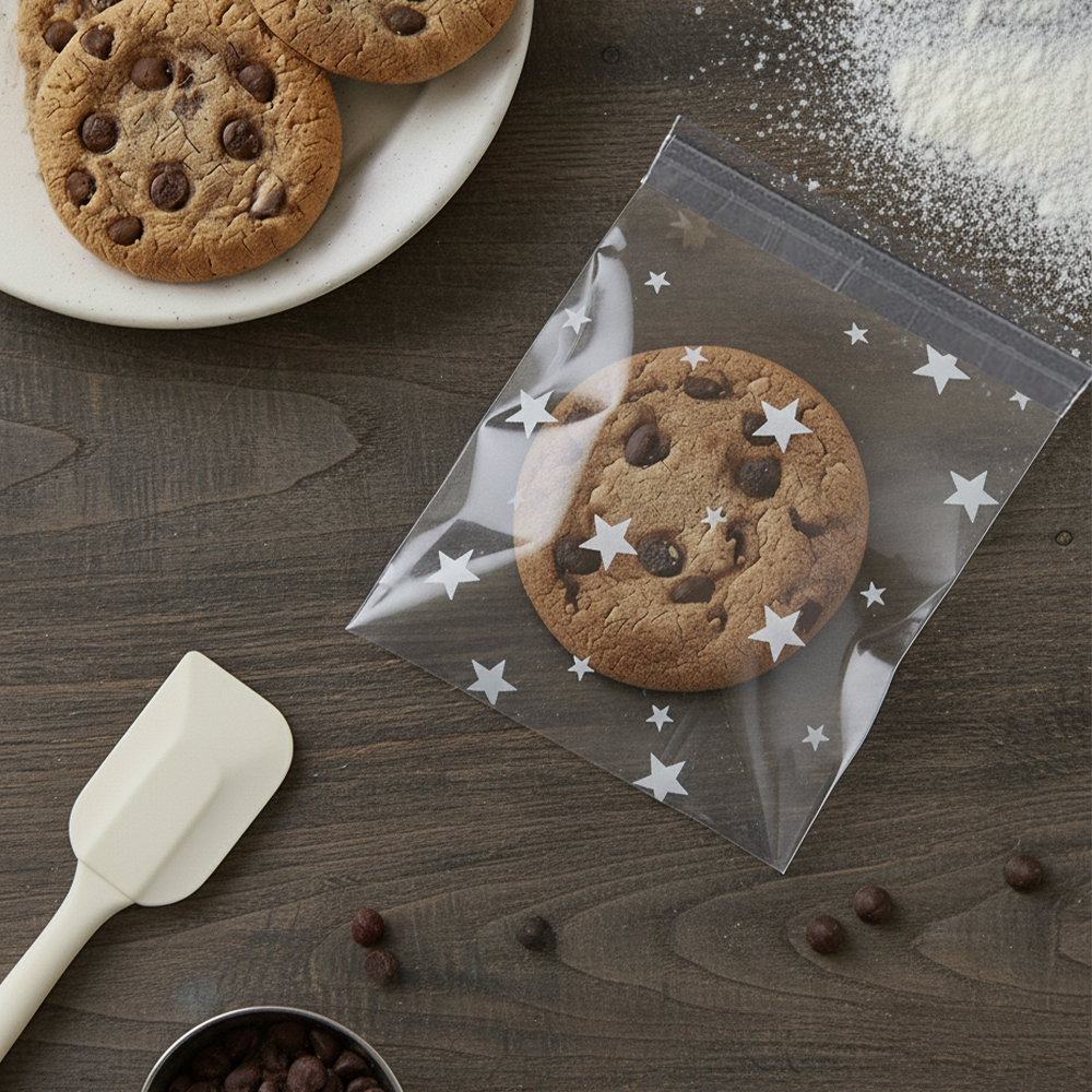 100pcs of 10cm x 10cm Printed Transparent Resealable Cellophane Bags – Self-Sealing Cookie Gift Bags for Candy, Party Favors & Bakery Packaging