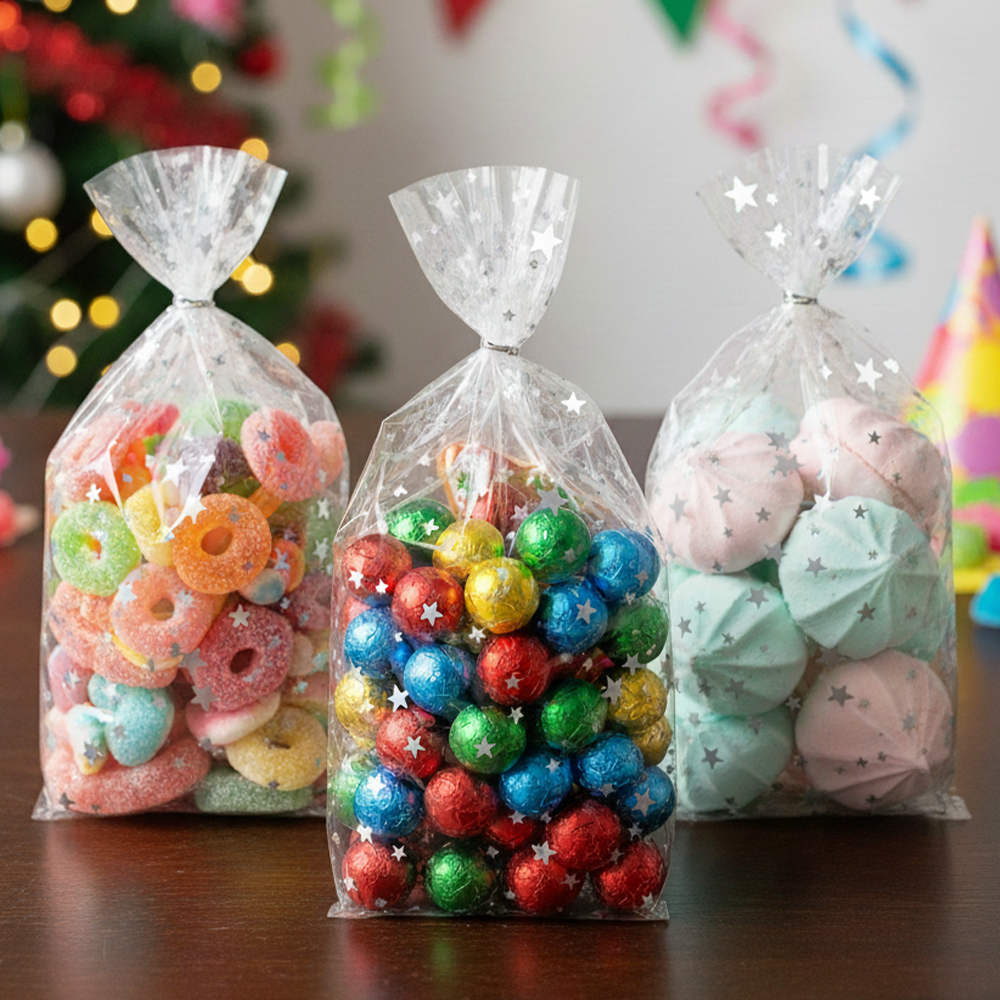 100pcs of 10cm x 10cm Printed Transparent Resealable Cellophane Bags – Self-Sealing Cookie Gift Bags for Candy, Party Favors & Bakery Packaging
