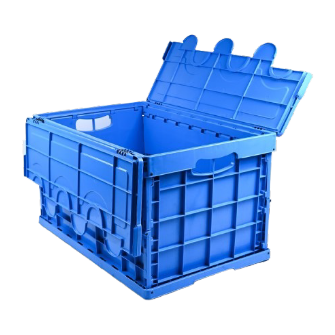 Foldable Closed Plastic Storage Crate Box 600 x 400 x 340 mm (±5mm) – Collapsible Folding Stackable Storage Basket with Reinforced Walls Handle and Anti-Slip Base for Food Transport Industrial and Home Storage