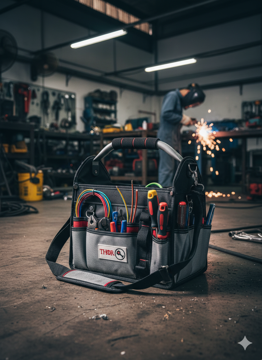 12 Inch Heavy Duty Tool Bag – Open Top Electrician Tool Bag with 13 Exterior Pockets, Steel Handle, Removable Shoulder Strap & Divider System