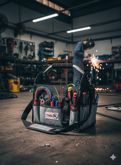 12 Inch Heavy Duty Tool Bag – Open Top Electrician Tool Bag with 13 Exterior Pockets, Steel Handle, Removable Shoulder Strap & Divider System