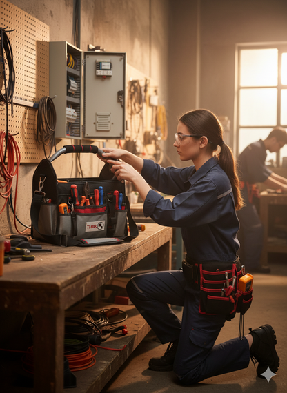 12 Inch Heavy Duty Tool Bag – Open Top Electrician Tool Bag with 13 Exterior Pockets, Steel Handle, Removable Shoulder Strap & Divider System