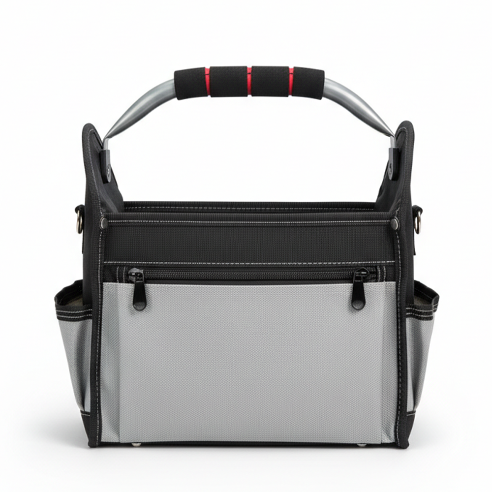12 Inch Heavy Duty Tool Bag – Open Top Electrician Tool Bag with 13 Exterior Pockets, Steel Handle, Removable Shoulder Strap & Divider System