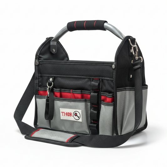 12 Inch Heavy Duty Tool Bag – Open Top Electrician Tool Bag with 13 Exterior Pockets, Steel Handle, Removable Shoulder Strap & Divider System