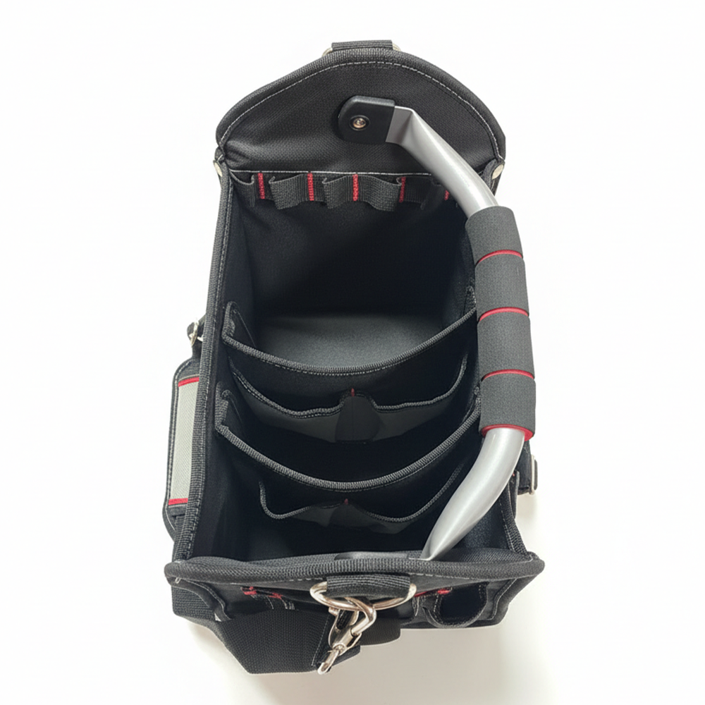 12 Inch Heavy Duty Tool Bag – Open Top Electrician Tool Bag with 13 Exterior Pockets, Steel Handle, Removable Shoulder Strap & Divider System