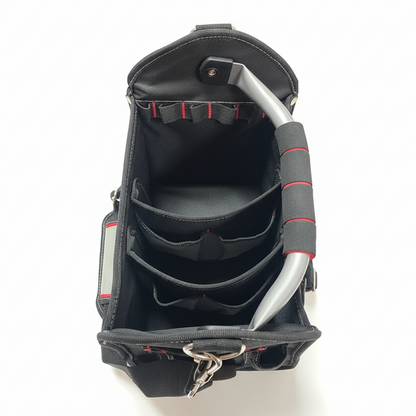 12 Inch Heavy Duty Tool Bag – Open Top Electrician Tool Bag with 13 Exterior Pockets, Steel Handle, Removable Shoulder Strap & Divider System